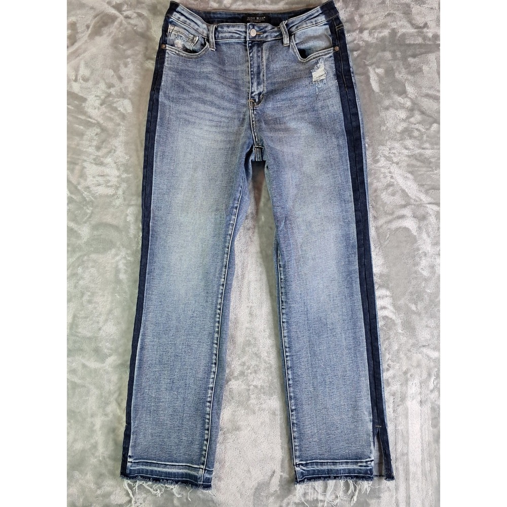 Judy Blue High Waist Side Tuxedo Stripe Straight Leg Distressed Raw Hem Jeans 13